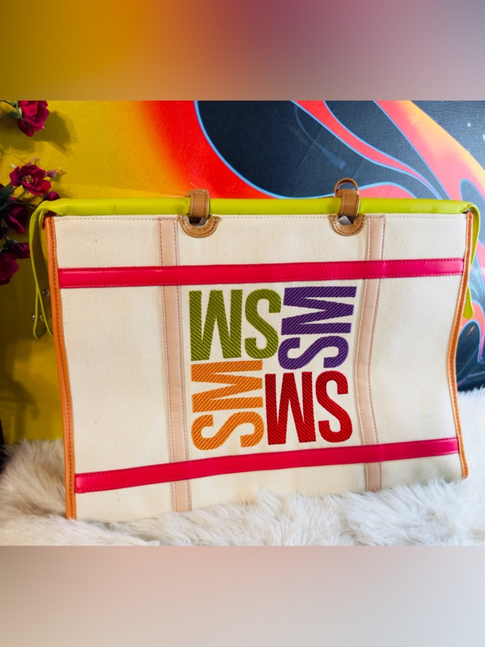 Steve Madden Cream Tote with Pink, Orange, and Purple Accents. (TXABIN) - Picture 2 of 6